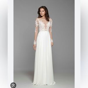 Tara Keely Ivory Lace Bodice Flowing Chiffon Train Gown
